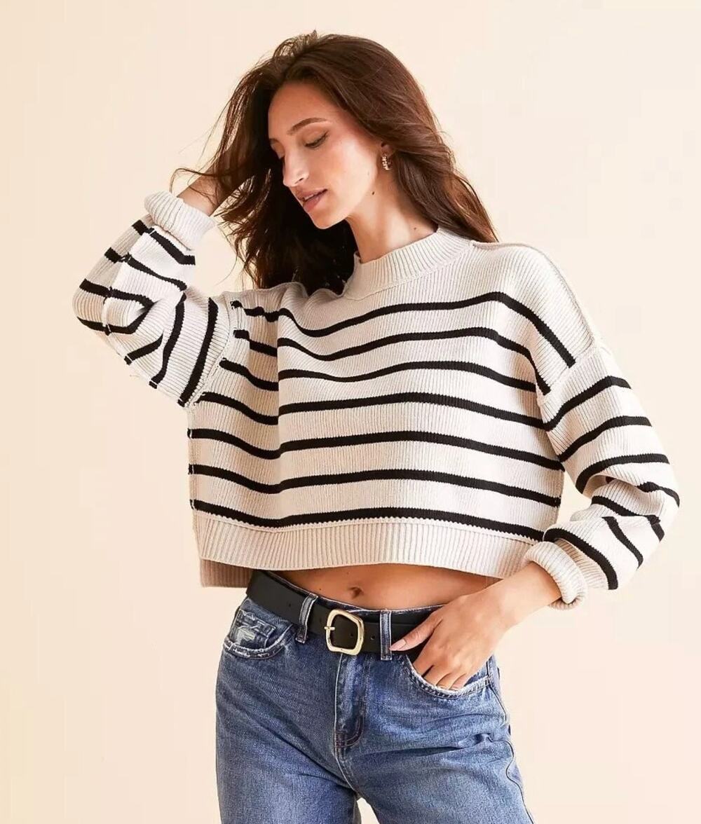 Free People Easy Street Crop Sweater Cream Black Stripe Oversized Slouchy Fall L